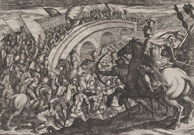 プレート 11: マース川を渡るシビルスの軍隊、「...に対するローマ人の戦争」、1611 年。 作： Antonio Tempesta