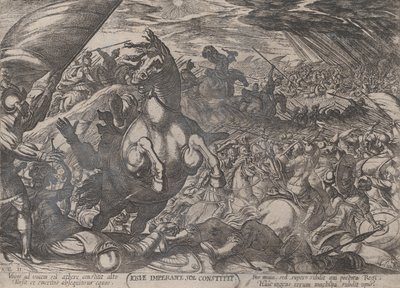 プレート 11: 太陽に静止するよう命じるジョシュア、「The Battles of the Ol...」より。 1590年頃 1610年。 作： Antonio Tempesta