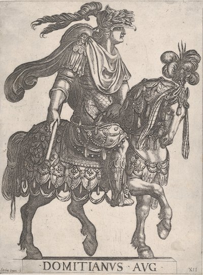 プレート 12: ドミティアヌス帝が馬に乗って右向き、「最初の 12 人の皇帝 ...」、1575 年から 1630 年。 作： Antonio Tempesta