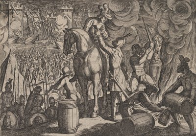 プレート 13: 夜のローマの要塞への攻撃、1611 年に公開された「湾に対するローマ人の戦争」より。 作： Antonio Tempesta
