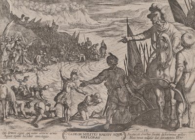 プレート 13: 「旧約聖書の戦い…」より兵士を選ぶギデオン 1590年頃 1610年。 作： Antonio Tempesta
