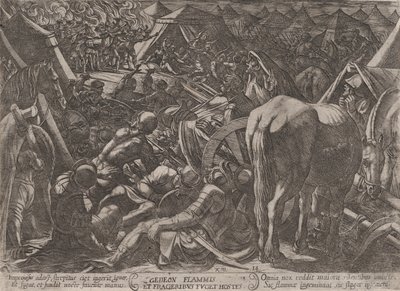 プレート 14: 「The Battles of the Old Tes...」より、敵の野営地を恐怖に陥れるギデオン。 1590年頃 1610年。 作： Antonio Tempesta