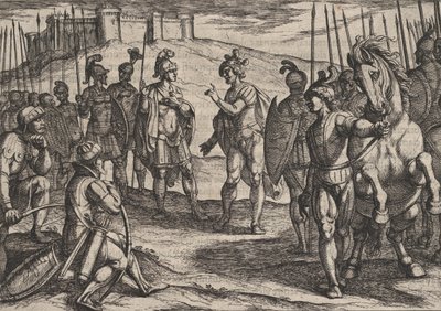 プレート 15: ローマ軍の司令官と接するシビルス、『…に対するローマ人の戦争』、1611 年。 作： Antonio Tempesta