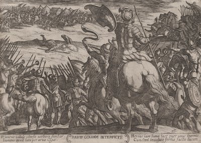 プレート 16: ゴリアテを殺すダビデ、「旧約聖書の戦い」より。 1590年頃 1610年。 作： Antonio Tempesta