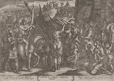 プレート 17: ゴリアテの頭を持って凱旋するダビデ、「The Batt...」より 1590年頃 1610年。 作： Antonio Tempesta