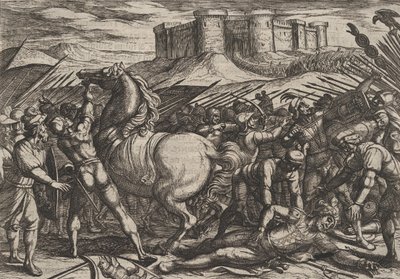 プレート 17: シビリスの馬に惑わされて、彼が死んだか負傷したと信じるローマ人、1611 年. 作： Antonio Tempesta