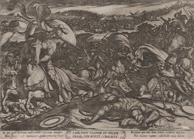 プレート 18: ペリシテ人による敗北後のサウルの自殺、「戦い」より、19 年頃。 1590年頃 1610年。 作： Antonio Tempesta