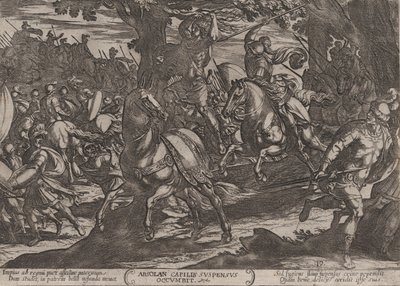 プレート 19: アブサロムを殺すヤコブ、『旧約聖書の戦い』より。 1...、約。 1590年頃 1610年。 作： Antonio Tempesta