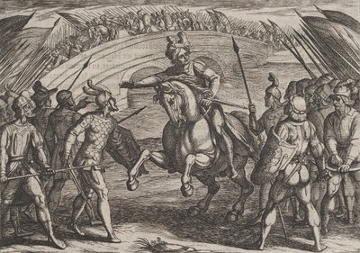 プレート 22: 1611 年に公開された「対ローマ戦争」より、シビルスがドイツ軍とオランダ軍を分離。 作： Antonio Tempesta