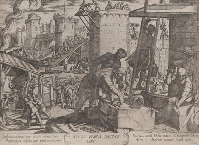 プレート 24: エルサレムの城壁を再建するイスラエル人、「The Battles...」より。 1590年頃 1610年。 作： Antonio Tempesta