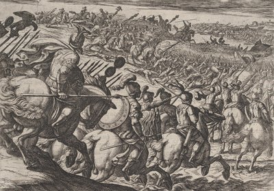 プレート 25: トリアーの近くを攻撃するローマの司令官ケリアリス、「アガイのローマ戦争」より、1611 年。 作： Antonio Tempesta