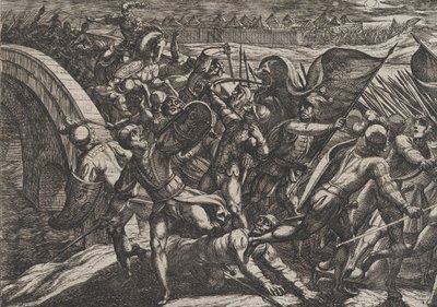 プレート 27: モーゼル川のローマ キャンプへの奇襲攻撃中のオランダ人、「ザ ワ...」、1611 年。 作： Antonio Tempesta