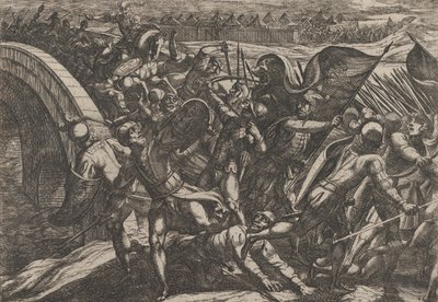 プレート 27: モーゼル川のローマ キャンプへの奇襲攻撃中のオランダ人、「ザ ワ...」、1611 年。 作： Antonio Tempesta