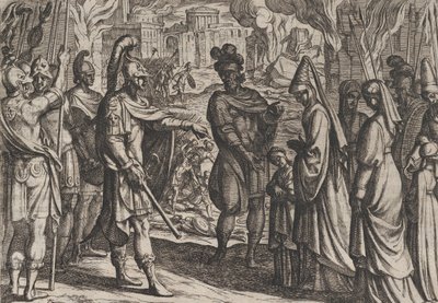 プレート 28: ケルン軍は、1611 年に公開された『R の戦争』より、シアリスの妻と妹をセリアリスに連れて行きます。 作： Antonio Tempesta