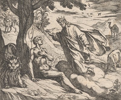 プレート 2: オウィディウスの「Metamorphoses」より、1606 年に作成された人間ホミニスの創造の創造。 作： Antonio Tempesta