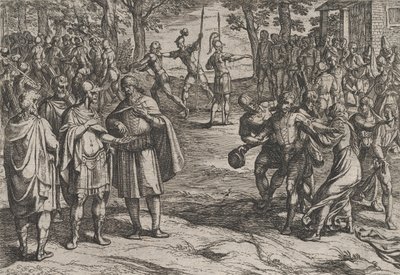プレート 2: オランダの老人を人質に取り、若者を誘惑するローマ人、『戦争』より、1611 年。 作： Antonio Tempesta