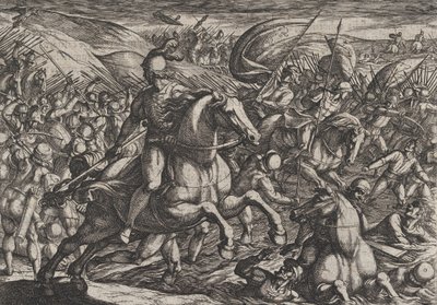 プレート 30: 「オランダ人をライン川に追いやるセリアリス」、「対ローマ戦争」、1611 年。 作： Antonio Tempesta