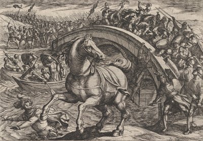 プレート 31: 馬から降りて川を泳ぐことを余儀なくされた市民、『ローマ人の戦争』より、1611 年。 作： Antonio Tempesta