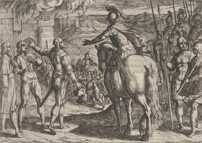 プレート 34: オランダの田園地帯を燃やすローマ人、『ローマ人に対する戦争』、1611 年。 作： Antonio Tempesta