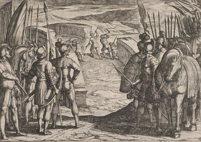 プレート 35: バタビア人が恐れて和平交渉を開始、『ローマ戦争の戦争』より、1611 年。 作： Antonio Tempesta