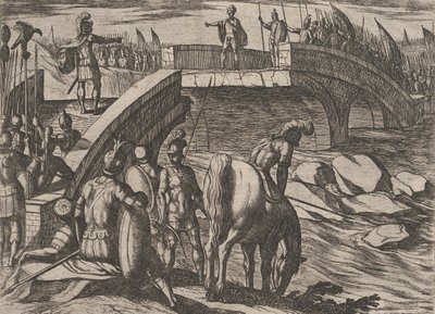 プレート 36: シビルスとセリアリスが壊れた橋で出会い、合意に達する、『... の戦争』、1611 年より。 作： Antonio Tempesta