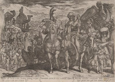 プレート 3: ロトとその家族を自分の土地に連れて行くアブラハム、「The Battles...」より。 1590年頃 1610年。 作： Antonio Tempesta