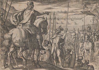 プレート 3: 「アレキサンダー大王の功績」より、1608 年にアレクサンダーが兵士たちに指示を出す。 作： Antonio Tempesta