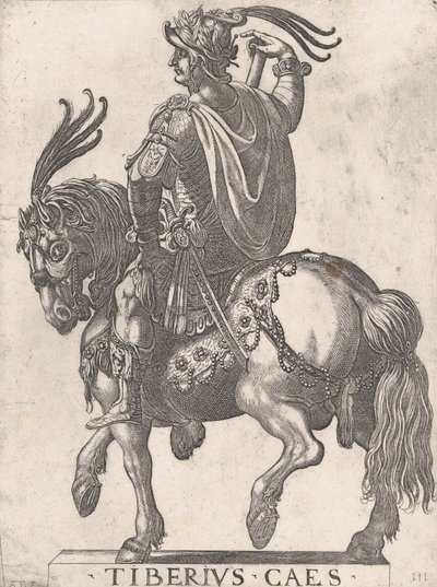 プレート 3: 馬に乗った皇帝ティベリウス、「最初の 12 人のローマ皇帝」より、1596 年。 作： Antonio Tempesta