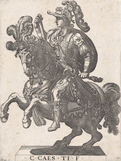 プレート 4: 馬に乗った皇帝ガイウス、「最初の 12 人のローマ皇帝」より、1596 年。 作： Antonio Tempesta
