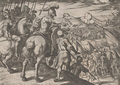 プレート 5: 戦いを指揮するアレクサンダー、「アレキサンダー大王の功績」より、1608 年。 作： Antonio Tempesta