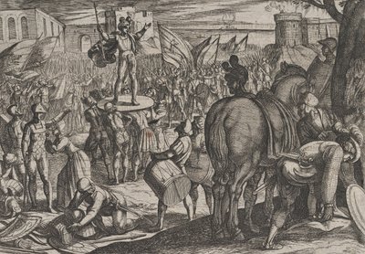 プレート 5: 1611 年に出版された『ローマ人との戦争』より、ブルーノが任命した Caninefates の指導者。 作： Antonio Tempesta