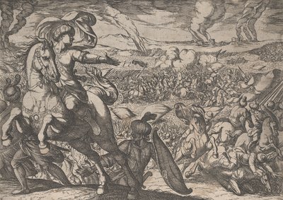 プレート 6: 「戦場から逃げるダリウス」、「アレキサンダー大王の功績」より、1608 年。 作： Antonio Tempesta