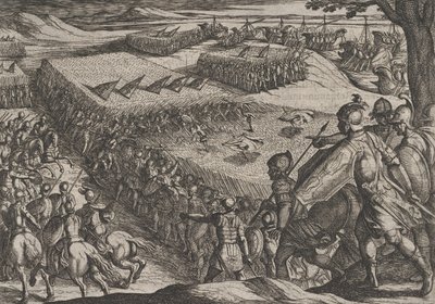 プレート 6: ライン川の近くで敗北したローマ人、『バタヴィア人に対するローマ人の戦争』より、1611 年。 作： Antonio Tempesta