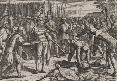 プレート 7: ドイツの使節がシビルスを訪問、『ローマ人のバタビア戦争に対する戦争』、1611 年。 作： Antonio Tempesta