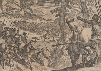 プレート 8: 敵軍を火で包囲するアレクサンダー、「アレキサンダー大王の証書」、1608 年より。 作： Antonio Tempesta