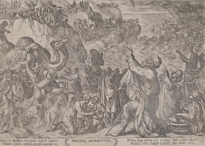 プレート 8: 「The Battles of the Old ...」より、紅海で溺れるエジプト人 1590年頃 1610年。 作： Antonio Tempesta