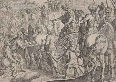 プレート 9: アレキサンダーのバビロンへの凱旋、アレキサンダー大王の行為、...、1608 年から。 作： Antonio Tempesta