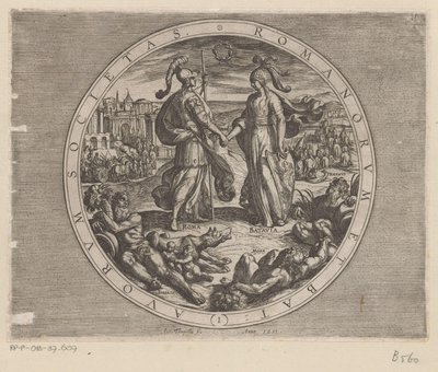 Rome en Batavia schudden elkaar de hand ローマ人とオランダ人の協会 (オブジェクトのタイトル) De Bataafse oorlogen tegen de Romeinen (シリーズタイトル) オランダ軍とローマ軍の戦い (シリーズタイトル) 作： Antonio Tempesta