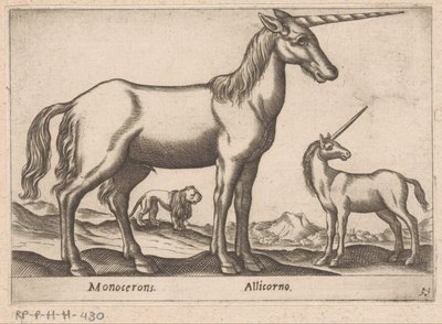 2 つのユニコーンとライオン Monocerons/ Allicorno (オブジェクトのタイトル) 動物と伝説の生き物（シリーズタイトル） Nova raccolta de li animali piu curiosi del mondo (シリーズタイトル) 作： Antonio Tempesta
