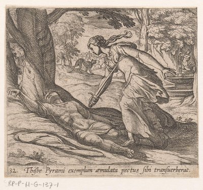 ゼルフムーア・ヴァン・ティスベ Thijsbe は Pyramus (オブジェクトのタイトル) の例の後に彼の胸を横断しました。 Metamorphoseon または変換 (シリーズ タイトル) Metamorfosen van Ovidius (シリーズタイトル) 作： Antonio Tempesta