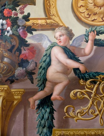 月桂樹の花輪と花輪を持った天使を示す壁画の詳細、The Banqueting House 作： Antonio Verrio