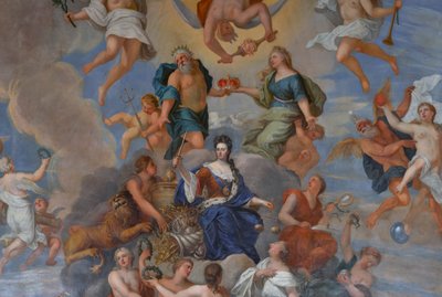 擬人化された多くの美徳に囲まれたアン女王、女王の応接室の天井の詳細 作： Antonio Verrio
