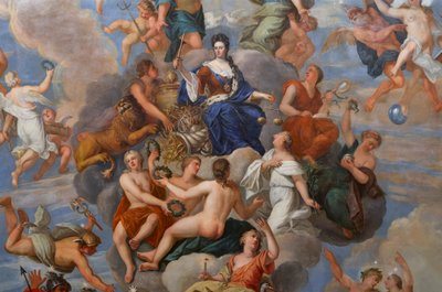 擬人化された多くの美徳に囲まれたアン女王、女王の応接室の天井の詳細 作： Antonio Verrio