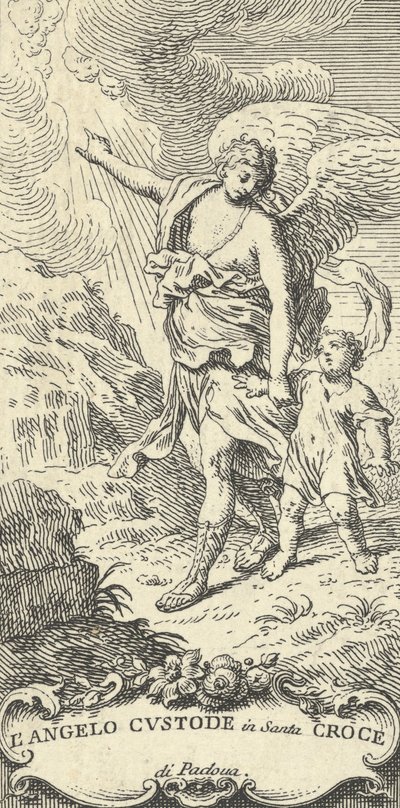 天使が少年を導き、雲に向かって身振りをしている。 1708-82。 作： Antonio Visentini