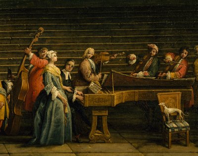 アントニオ・ビセンティーニ（1688-1782）作「別荘でのコンサート」（ピアノ、バイオリン）、油彩・キャンバス、207x320、イタリア 作： Antonio Visentini