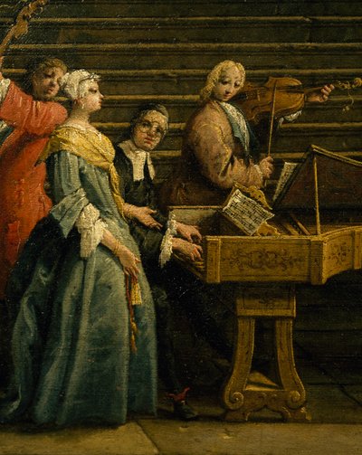 ヴィラでのコンサート、アントニオ・ヴィセンティーニ（1688-1782）作、ピアノとバイオリン、キャンバスに油彩、207x320、イタリア 作： Antonio Visentini
