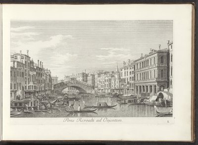 Gezicht op het Canal Grande en de Rialtobrug te Venetië 東へのリヴォルティ橋 (オブジェクトのタイトル) アントニオ・ヴィッセンティーニによって真鍮に印刷されたアントニウス・カナルの 38 枚のパネルから、ヴェネツィアの街の最も有名な景色が 3 つの部分に分けられています。 2番目の部分（ser 作： Antonio Visentini