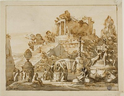 丘の上に廃墟となった寺院、その下に女性像のある古典的な風景 作： Antonio Zucchi
