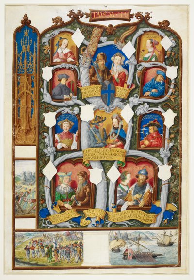 追加。 12531 f.6 「ポルトガルの系図」より、ハンガリー王スティーブンからポルトガルのドン・ヘンリーの系図を示す系図の木 作： Antonio de (attr.to) Hollanda