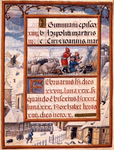 2月、「ドムマヌエルの時間の書」、1517-38（ベラムのテンペラ）のミニチュア 作： Antonio de Hollanda
